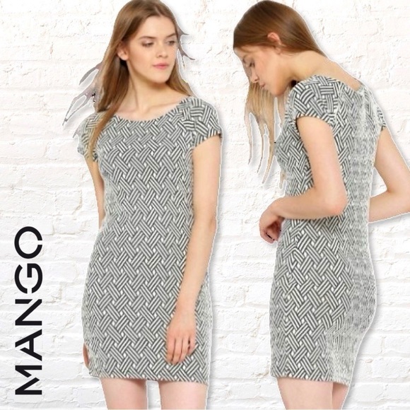 Mango Dresses & Skirts - Mango Gray & Cream Textured Knit Pattern Sheath Dress Sz 4 Cotton Blend Stretch